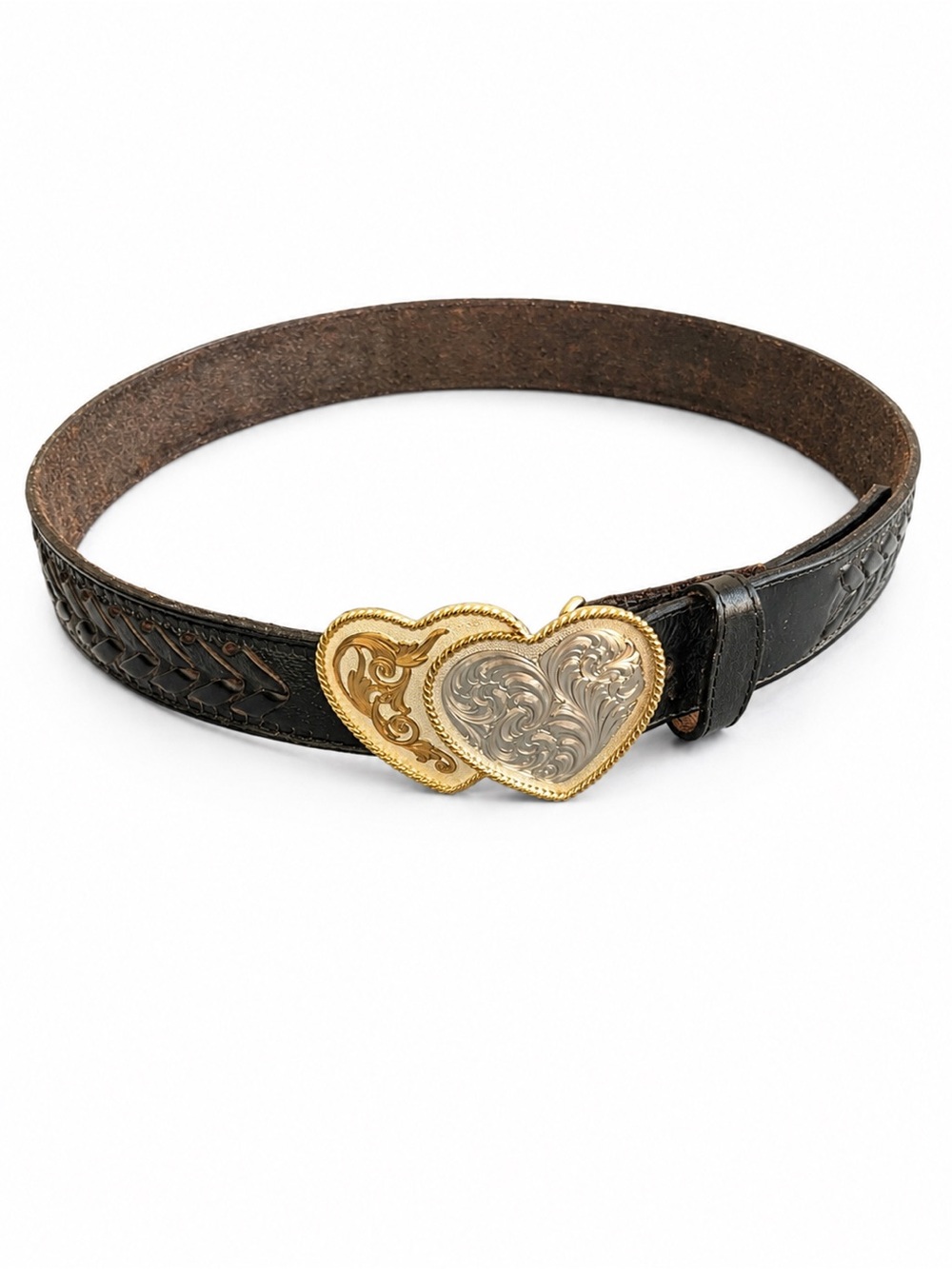 Nocona Black Tooled Leather Western Belt Montana Silversmiths Double Heart Buckl